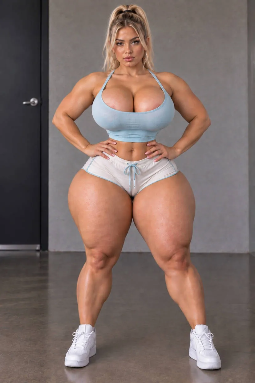 A muscular blonde woman in a light blue crop top and shorts, hands on hips