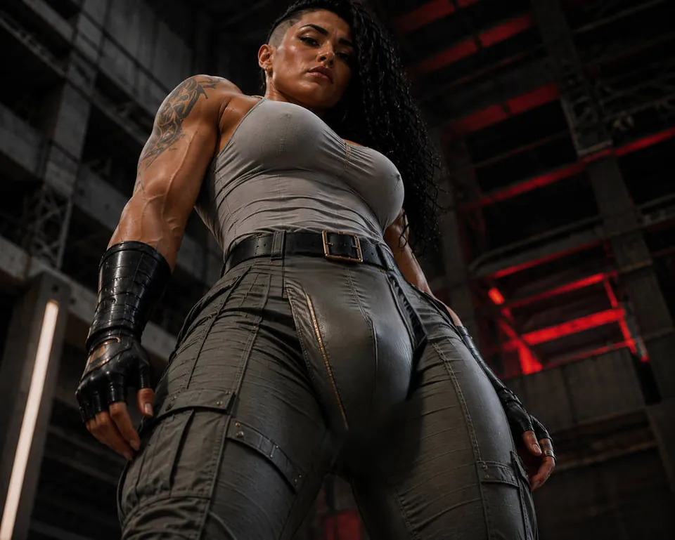 A tattooed, muscular woman in a grey top and cargo trousers, seen from a low angle in a warehouse