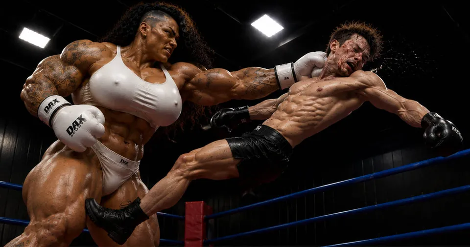 A muscular female boxer landing a punch that sends her male opponent flying across the ring