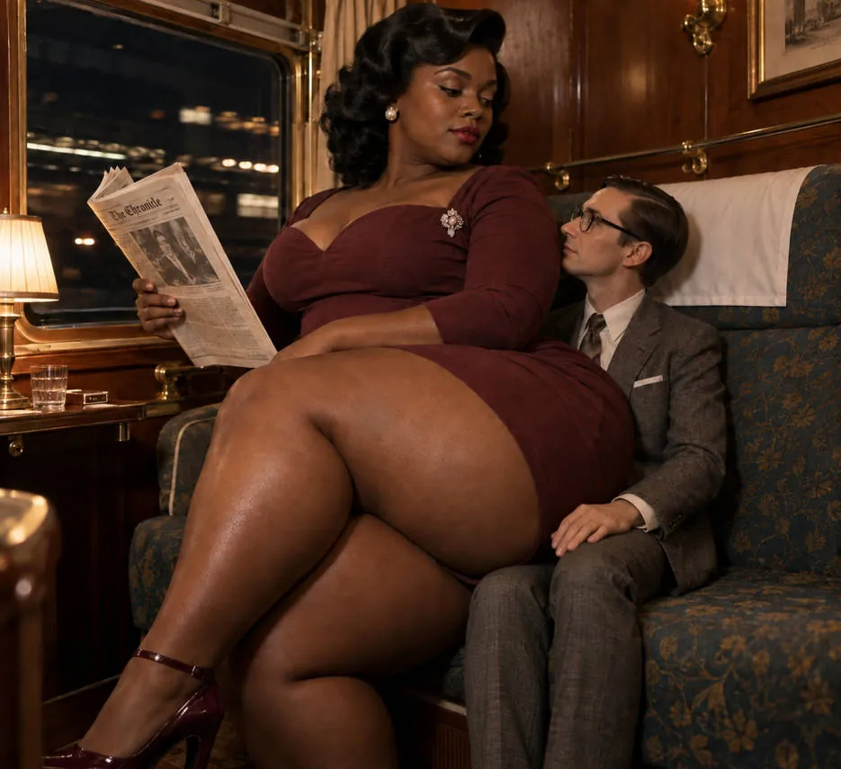 A tall woman in a red 1950s-style dress reading on a train beside a much smaller man in a suit