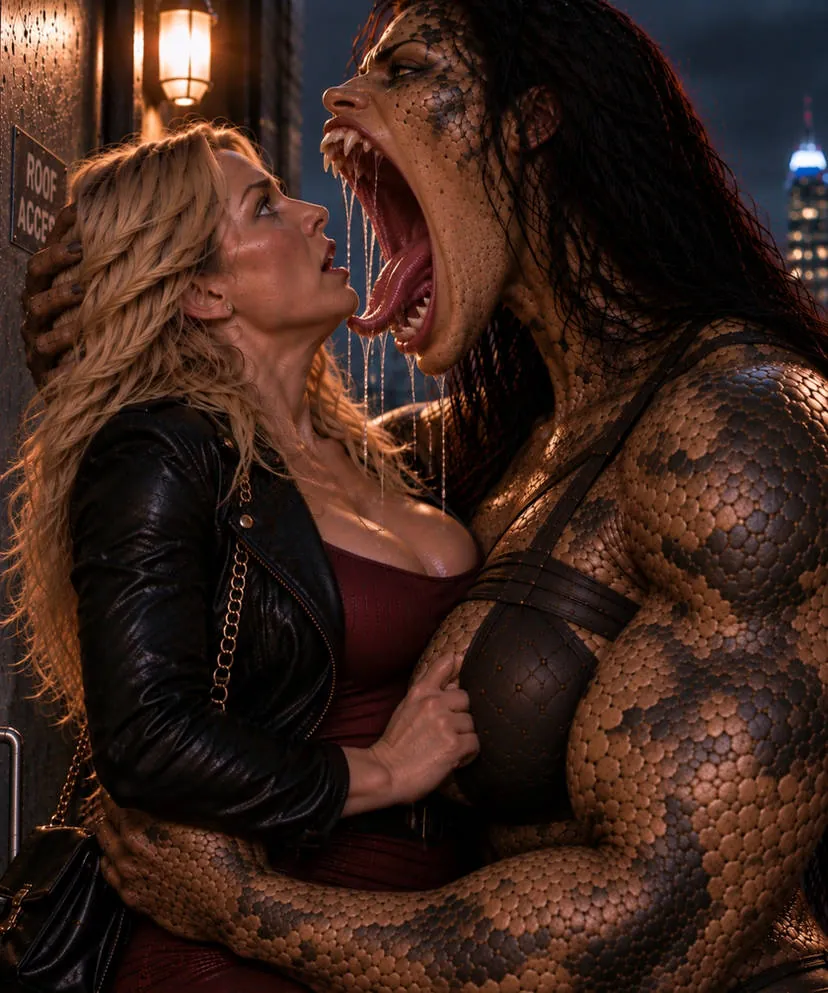 A scaled reptilian creature with a gaping mouth grabbing a blonde woman in a leather jacket at night