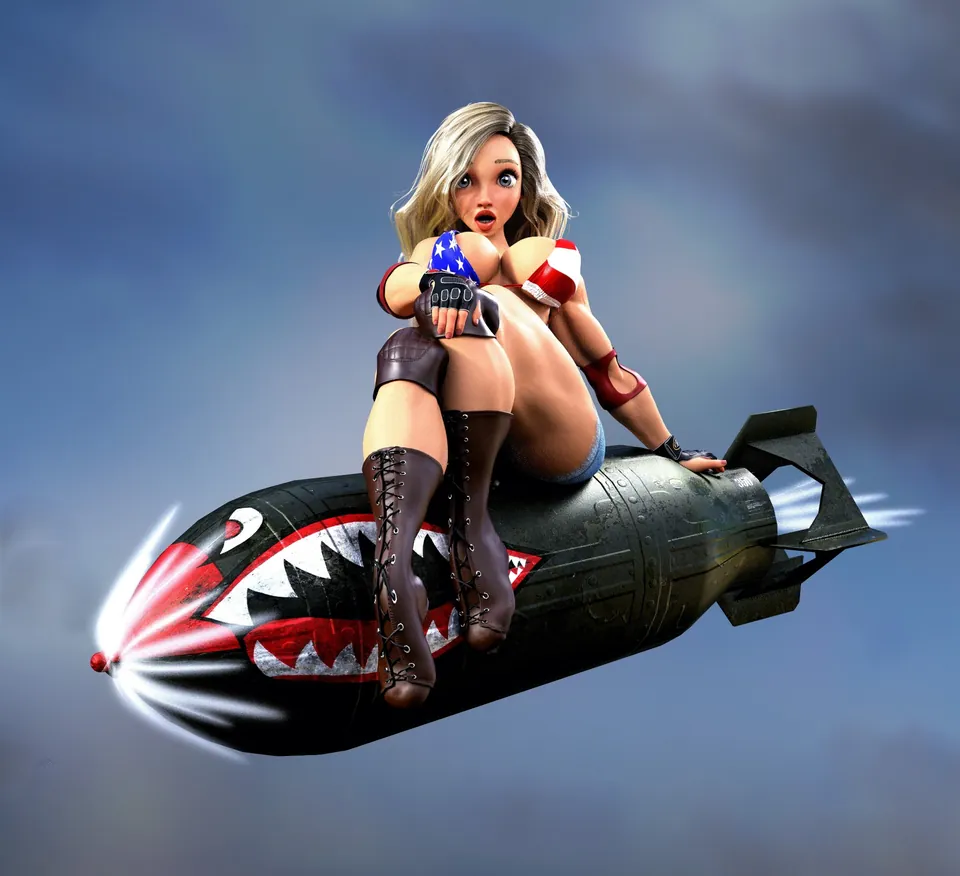 A toon-style blonde in a stars-and-stripes top and lace-up boots riding a shark-mouthed bomb through the sky